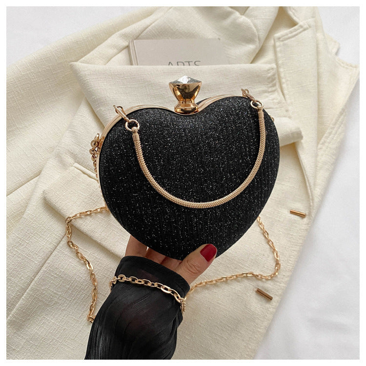 Shiny Heart-Shaped Metal Clutch Bag with Chain Shoulder Strap