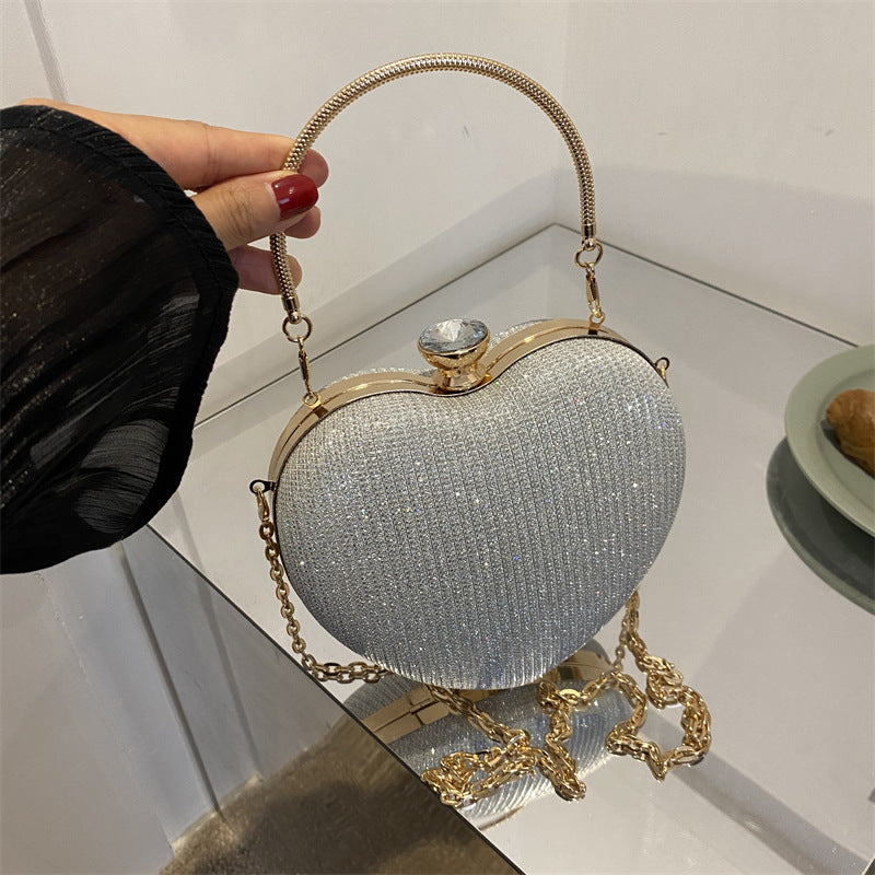 Shiny Heart-Shaped Metal Clutch Bag with Chain Shoulder Strap