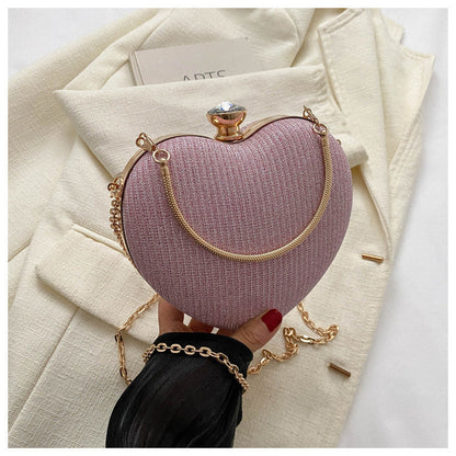 Shiny Heart-Shaped Metal Clutch Bag with Chain Shoulder Strap